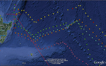 Figure 3. Waypoints shown on Google Earth made from a text list of 3-hour positions converted to a GPX file. After crossing the scoring gate headed south, the red line shows the great circle route to the next mark at Cape Horn. Ericsson 3 is marked with yellow squares. At the first red dot they were still in last place, by the second red dot they were first, and by the 3rd red dot they were more than one day in the lead.