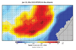 Figure 6a. NCEP RTOFS Hi-res Atlantic data for a corner of the Gibralter eddy, showing the detail that is available on a daily basis. This is a patch of 2-to 3-kt current in the middle of nowhere. It would be nice to know this level of detail when sailing in these waters, but for now this presentation is not readily available