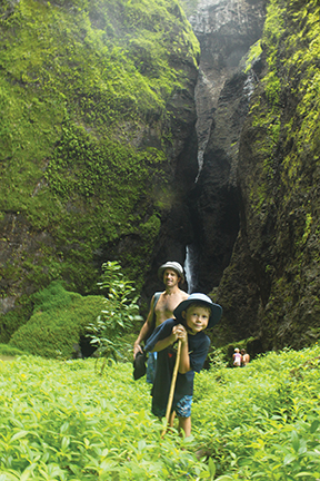 Marcus, the author's husband and son Nicky visit the queen of the cascades, Nuku Hiva's Vaipo waterfall