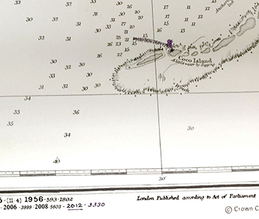 Figure 3. Section of the latest printed edition of BA chart 1881, hand corrected by Captain's Nautical in Seattle, an official BA chart distributor. The correction is dated in the bottom left with the notice number. The BA RNC of this chart, on the other hand, has the light removed, which shows the value of official RNC. Soundings in fathoms.