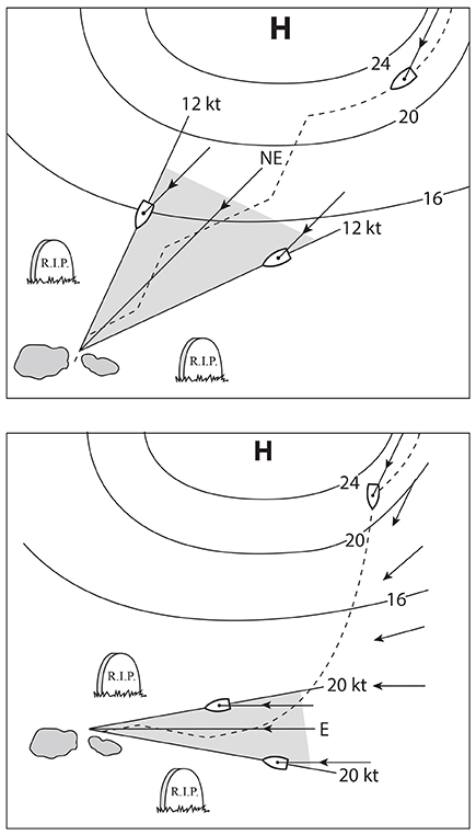 Selecting waypoints and approach cone from forecasted winds. Adapted from Modern Marine Weather (Starpath Publications) 