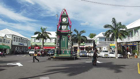 The clock is the feature item in the square in St. Kitts.