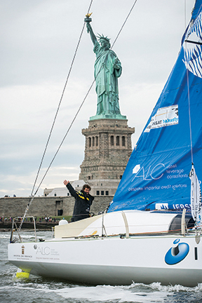 NEW YORK, NY - MAY 21: At 15:01:05 BST on Saturday, May 21, British skipper Phil Sharp racing Imerys, beat the odds to finish The Transat bakerly 2016 on the Class40 podium in third. Sharp covered a total of 3798nm of the Atlantic, with an average speed of 8.32 knots to finish third in the Class40 division. During his 19 days, 31 minutes and five seconds at sea, Sharp was subject to time penalties, burst spinnakers, ripped sails, power loss, the boat taking on water and finally a giant gaping hole in his mainsail, but the skipper dealt with every challenge the race had to throw at him - determined to make it to New York.  (Photo by Lloyd Images / Amory Ross)